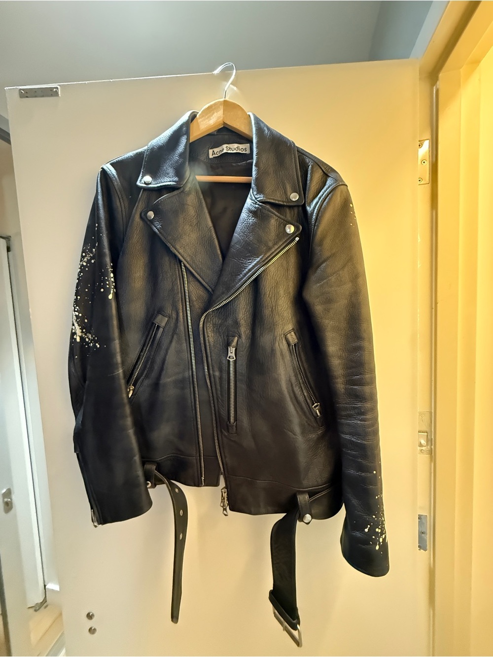 Acne Studios Black Leather Biker Jacket with Paint Splatter Size 46 (US/UK 36)